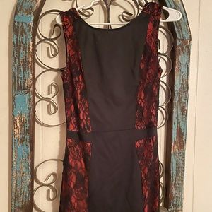Black and pink lace dress with zipper back.